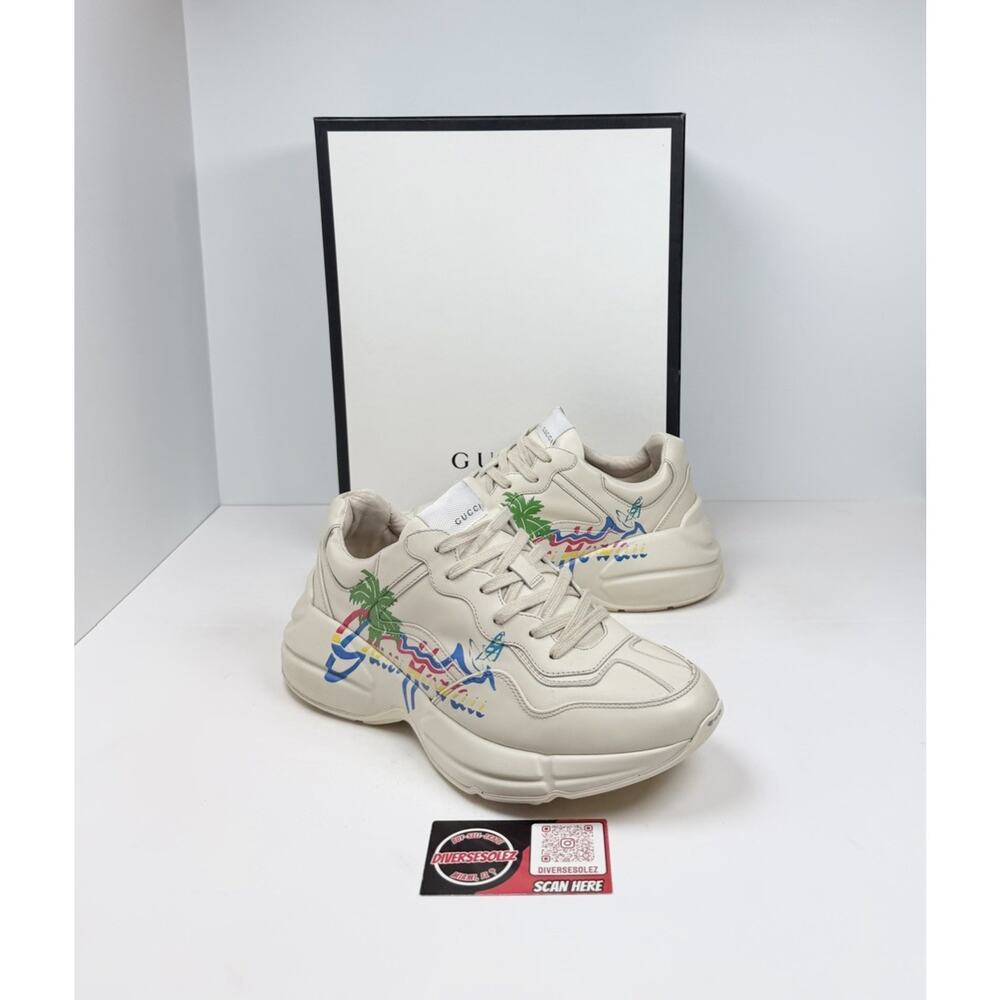 Size 7.5US - Gucci Rython Ivory Leather Hawaii Sneakers 🌺 Retail $1K!
